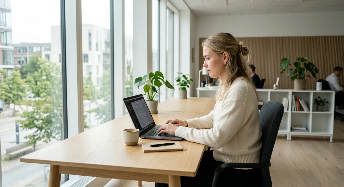 Person der arbejder på bærbar computer i et lyst skandinavisk kontormiljø og søger efter webhotel